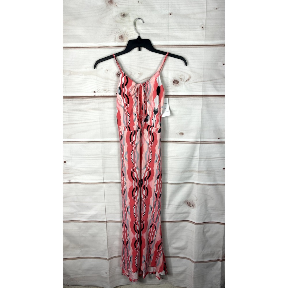 Love Nation Dress Junior M Pink Geometric Empire Waist Maxi Spaghetti Strap Long